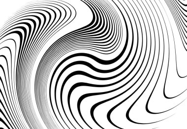 Bükme, girdap çizgileri, çizgiler. Dalgalı, eşmerkezli şeritler ve çizgiler sallıyor. Döndürme, bükme ve dönme etkisi rastgele şeritler üzerinde. Siyah ve beyaz tasarım ögesi, desen, doku ve arkaplan 