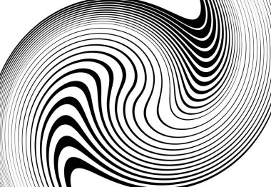 Bükme, girdap çizgileri, çizgiler. Dalgalı, eşmerkezli şeritler ve çizgiler sallıyor. Döndürme, bükme ve dönme etkisi rastgele şeritler üzerinde. Siyah ve beyaz tasarım ögesi, desen, doku ve arkaplan 