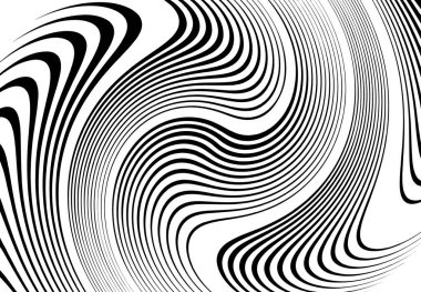 Bükme, girdap çizgileri, çizgiler. Dalgalı, eşmerkezli şeritler ve çizgiler sallıyor. Döndürme, bükme ve dönme etkisi rastgele şeritler üzerinde. Siyah ve beyaz tasarım ögesi, desen, doku ve arkaplan 
