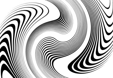 Bükme, girdap çizgileri, çizgiler. Dalgalı, eşmerkezli şeritler ve çizgiler sallıyor. Döndürme, bükme ve dönme etkisi rastgele şeritler üzerinde. Siyah ve beyaz tasarım ögesi, desen, doku ve arkaplan 