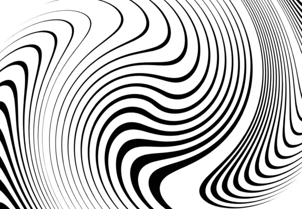 波涛汹涌 挥动着同心圆的条纹和条纹 任意条纹上的旋转 扭转和旋转效应 黑白设计元素 纹理和背景 — 图库矢量图片