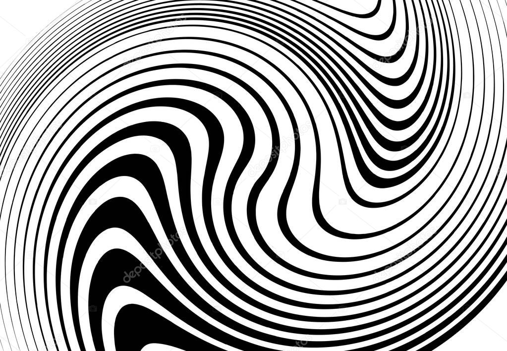 Twist, vortex lines, stripes. Wavy, waving concentric strips and streaks. Rotation, torsion and gyration effect on random stripes. Black and white design element, pattern, texture and  background 