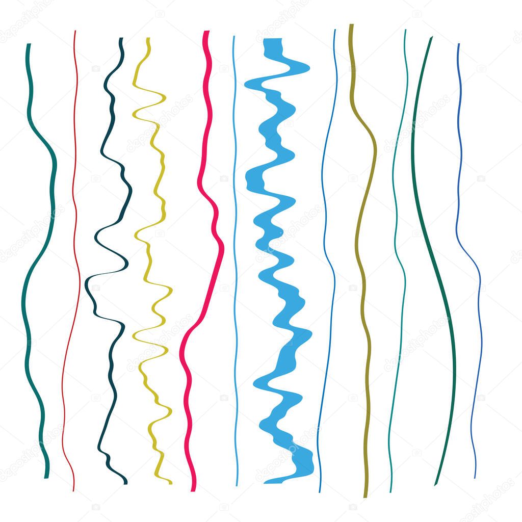 Irregular, random Wiggling, Squiggle waving, wavy lines, stripe set. Lines with billow, undulate deformation, distortion