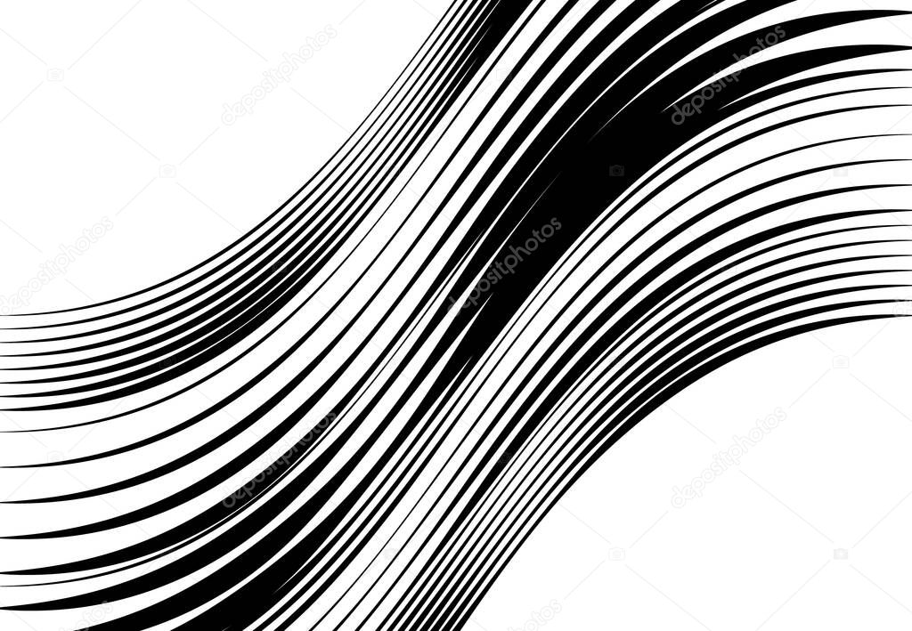 Abstract wavy, waving, billowy and undulating lines, stripes. Squiggly, squiggle lines with twist effect. Abstract black and white, monochrome, grayscale pattern, background, backdrop and texture