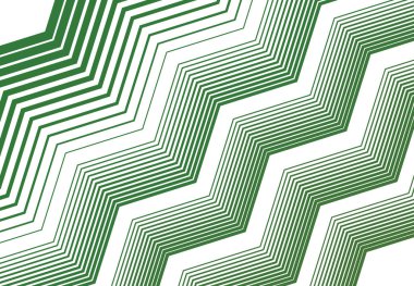 Zig-zag, çapraz, dalgalı, dalgalı ve tırtıklı çizgiler, çizgili tasarım öğesi. Objektif, eğimli, eğimli ve eğimli şeritler, renkli yeşil geometrik zemin, doku ve desen çizgileri