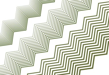 Zig-zag, çapraz, dalgalı, dalgalı ve tırtıklı çizgiler, çizgili tasarım öğesi. Objektif, eğimli, eğimli ve eğimli şeritler, renkli yeşil geometrik zemin, doku ve desen çizgileri
