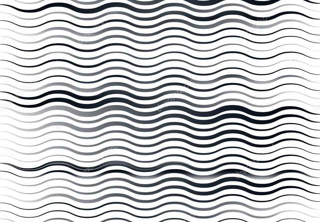 Abstract wavy, waving, billowy and undulating lines, stripes. Squiggly, squiggle lines with twist effect. Abstract black and white, monochrome, grayscale pattern, background, backdrop and texture