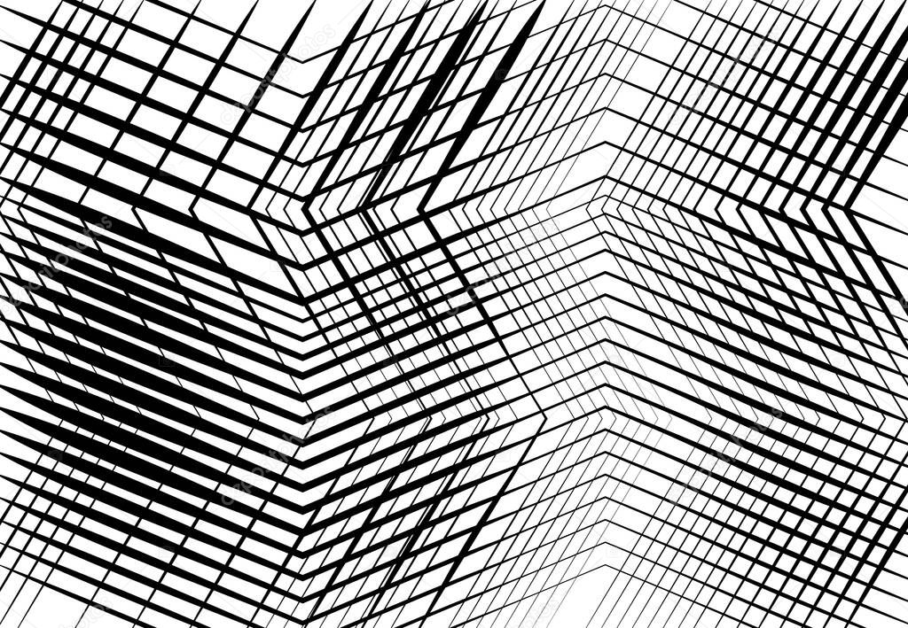 Zig-zag, criss-cross, serrated, crinkled angular grid, mesh, lattice or grating, grill of random angled lines. Abstract geometric black and white, monochrome background, texture and pattern