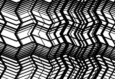 Zig-zag, çapraz çapraz, tırtıklı, buruşuk açılı ızgara, örgü, kafes ya da ızgara, rastgele açılı çizgiler. Soyut geometrik siyah beyaz, tek renkli arkaplan, doku ve desen