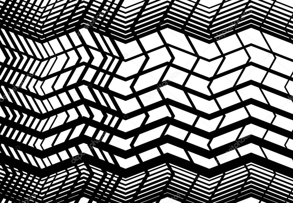 Zig-zag, criss-cross, serrated, crinkled angular grid, mesh, lattice or grating, grill of random angled lines. Abstract geometric black and white, monochrome background, texture and pattern
