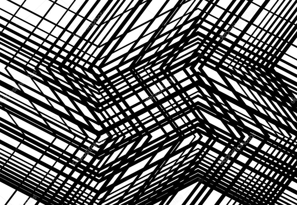 Zig-zag, criss-cross, serrated, crinkled angular grid, mesh, lattice or grating, grill of random angled lines. Abstract geometric grayscale, monochrome background, texture and pattern