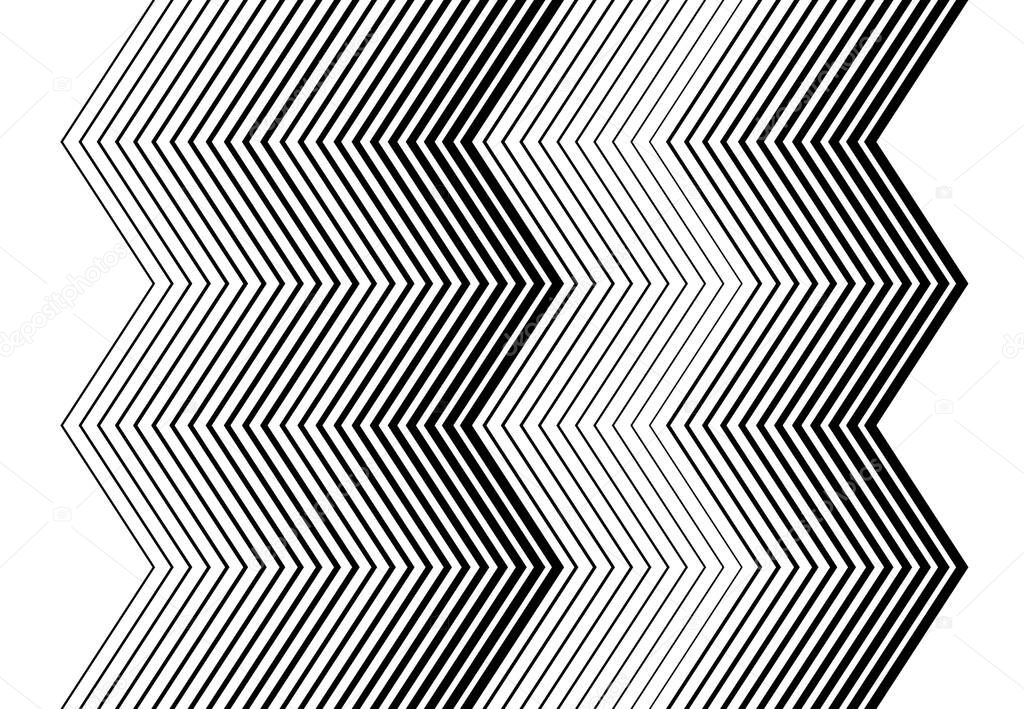 Vertical zig-zag, criss-cross, wavy, waving and serrated, jagged lines, stripes. Corrugated strips, streaks, black and white, monochrome, grayscale geometric background, texture and pattern