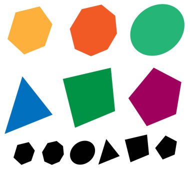 Temel geometrik şekiller kümesi. Altıgen, sekizgen, çember, üçgen, kare, beşgen şekilleri Stok vektör çizimleri, Clip sanat grafikleri.