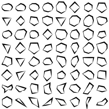 Kenarlı, geometrik taş, çakıl taşı şekilleri. Basit, açılı, açılı element siluetleri. Çatlak kaya şekilleri, duvarcılık için külçeler, taş işçiliği konseptleri, temalar.