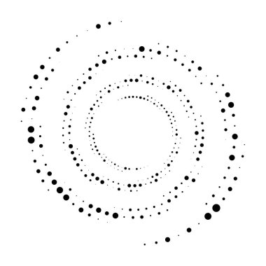 Noktalar, noktalı dairesel spiral. Döndür, daireler çiz. Noktalama, noktacı tasarım. Benekler, benekler vektör illüstrasyonu