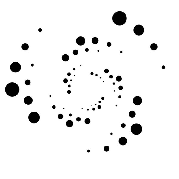 Точки, пунктирная круговая спираль. Кружится, кружится. Стиплинг, пуантилистский дизайн. Спеклс, векторная иллюстрация частиц