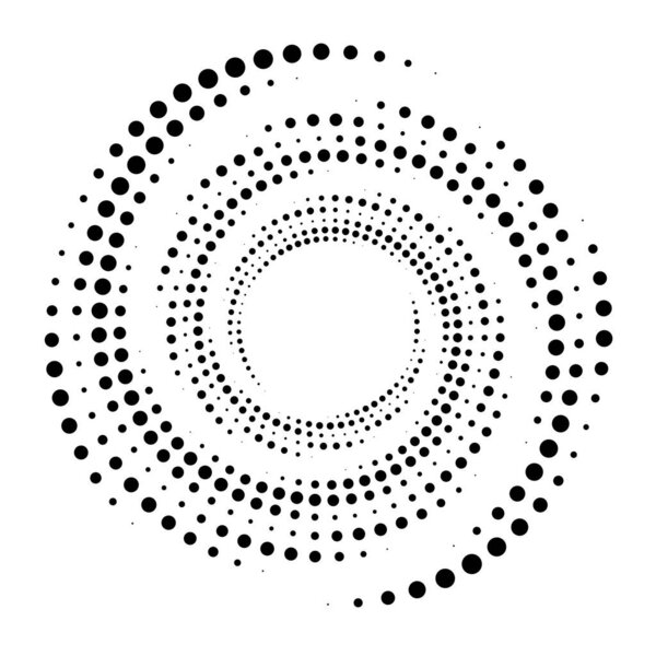 Точки, пунктирная круговая спираль. Кружится, кружится. Стиплинг, пуантилистский дизайн. Спеклс, векторная иллюстрация частиц