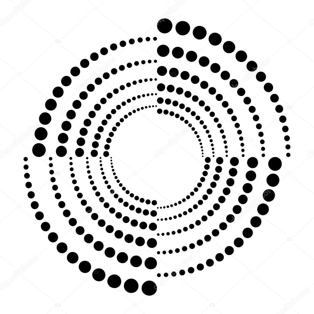 Dots, dotted circular spiral. Swirl, twirl of circles. Stippling, pointillist design. Speckles, flecks vector illustration