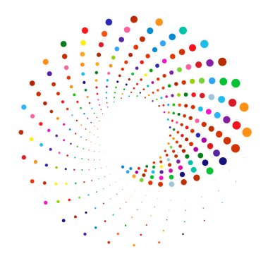 Noktalar, noktalı dairesel spiral. Döndür, daireler çiz. Noktalama, noktacı tasarım. Benekler, benekler vektör illüstrasyonu