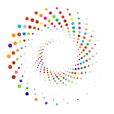 Noktalar, noktalı dairesel spiral. Döndür, daireler çiz. Noktalama, noktacı tasarım. Benekler, benekler vektör illüstrasyonu