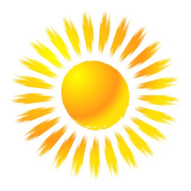 Pis, grunge, desenli güneş klipsli tasarım elementi. Boyalı, yarım yamalak güneş çizimi. Boya fırçası, fırça darbesi etkisi güneş