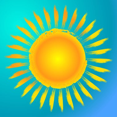 Pis, grunge, desenli güneş klipsli tasarım elementi. Boyalı, yarım yamalak güneş çizimi. Boya fırçası, fırça darbesi etkisi güneş