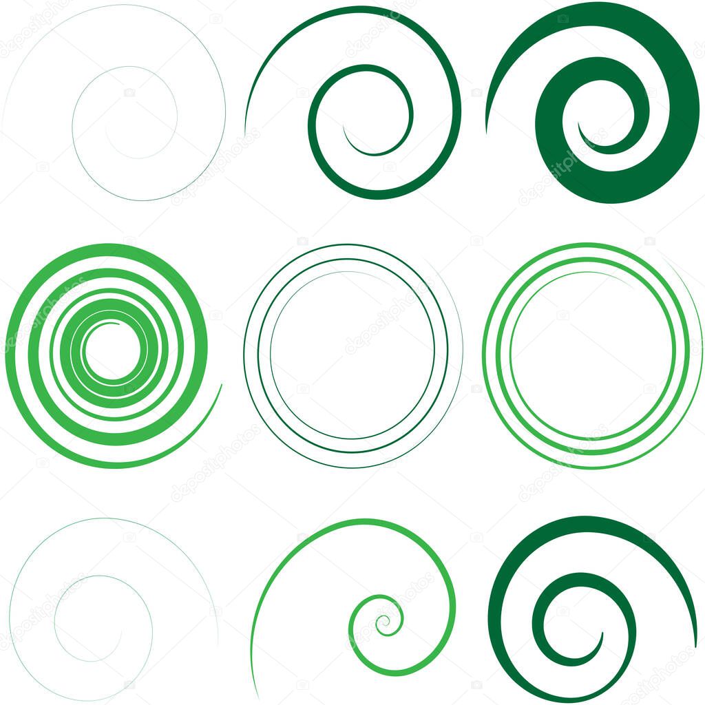 Abstract spiral, twist. Radial swirl, twirl curvy lines element. Circular, concentric loop-hook. Revolved whirl design shape, Whirlwind, whirlpool illustration. Radiating volute, whirligig, curlicue