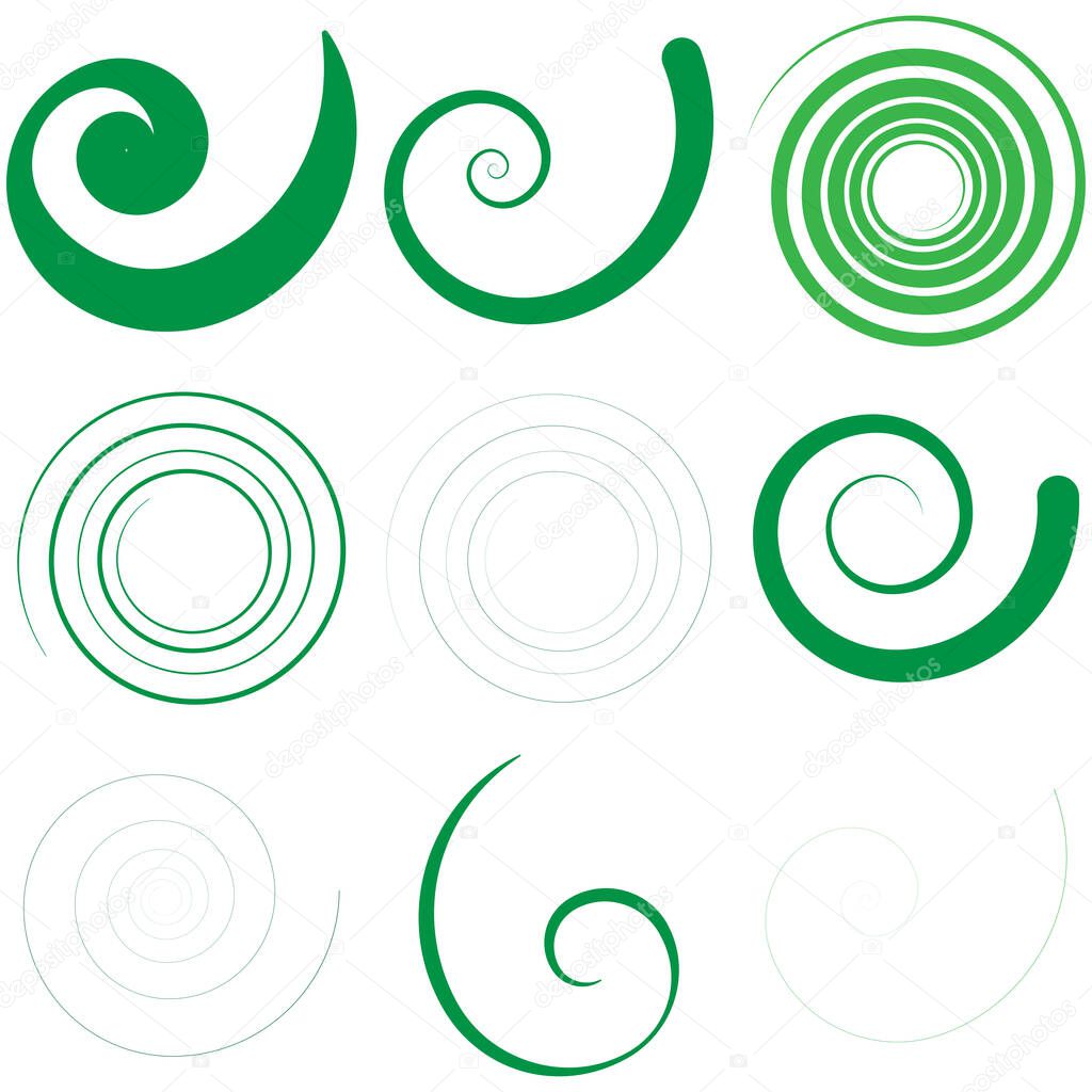 Abstract spiral, twist. Radial swirl, twirl curvy lines element. Circular, concentric loop-hook. Revolved whirl design shape, Whirlwind, whirlpool illustration. Radiating volute, whirligig, curlicue