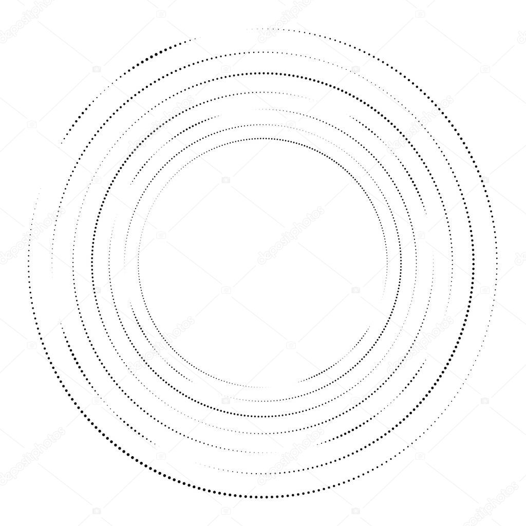 Circles, dotted, dots spiral swirl twirl element. Polka dots, stipple-stippling cochlear and volute design element