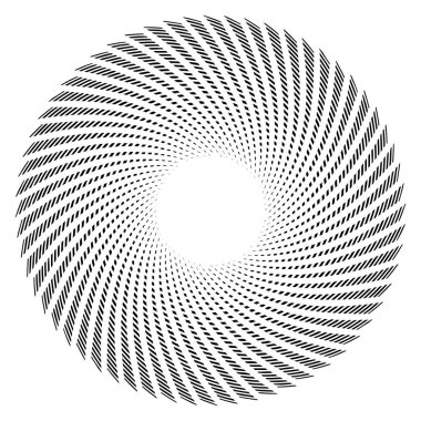 Kırık dairesel, konsantre ve radyal çizgilerin spiral etkisi. Soyut geometrik mandala, motif, vektör illüstrasyonu 
