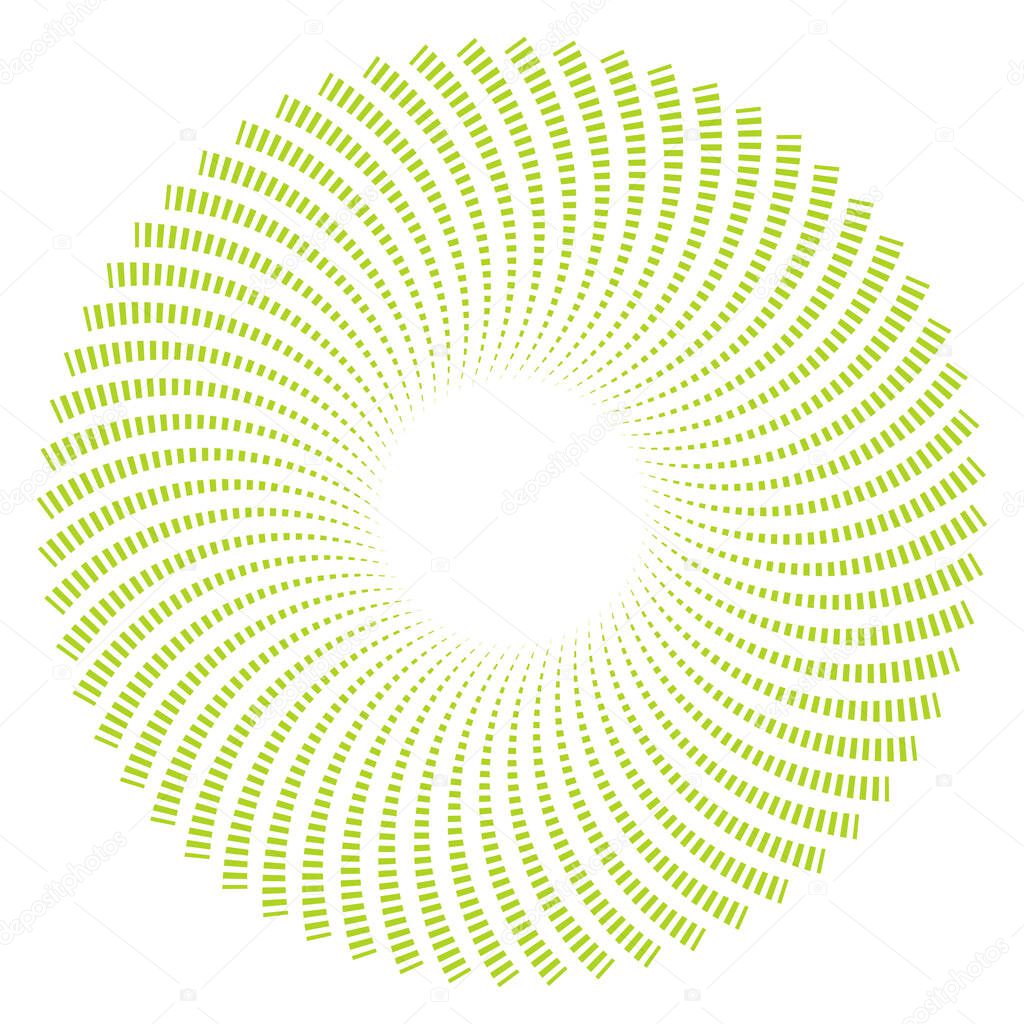 Spiral effect of dashed circular, concentric, and radial lines. Abstract geometric mandala, motif, vector illustration 