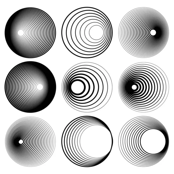 Radial Concêntrico Anéis Radiantes Círculos Conjunto Elemento Ilustração Vetorial —  Vetores de Stock