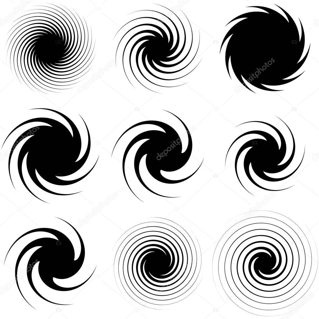 radiating swirl or twirl, twirling element shape vector illustration