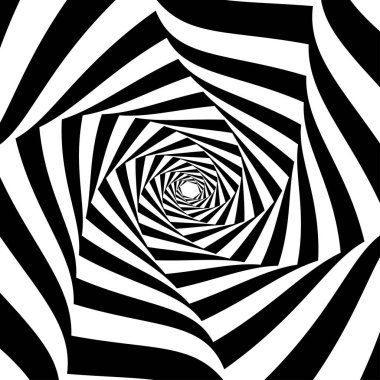 Opart, optical art geometric illustration with rotation, spiral, swirl, twirl distort, deformation effect. Radial hypnosis, hypnotic themed illustration. Black and white abstract vector art