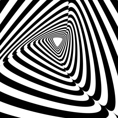Opart, optical art geometric illustration with rotation, spiral, swirl, twirl distort, deformation effect. Radial hypnosis, hypnotic themed illustration. Black and white abstract vector art