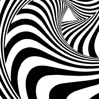Opart, optical art geometric illustration with rotation, spiral, swirl, twirl distort, deformation effect. Radial hypnosis, hypnotic themed illustration. Black and white abstract vector art