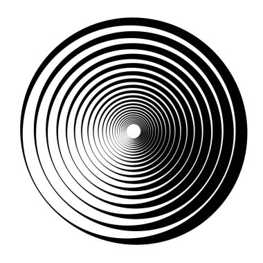 Radial, radiating concentric circles, rings. Spiral, swirl, twirl element. Volute, helix, cochlear vector illustration