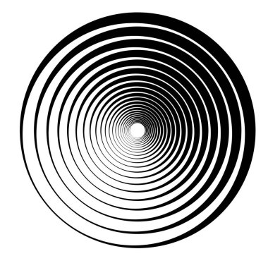 Radial, radiating concentric circles, rings. Spiral, swirl, twirl element. Volute, helix, cochlear vector illustration