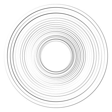 Random concentric circles, rings. Random radial, radiating circle element with thin lines
