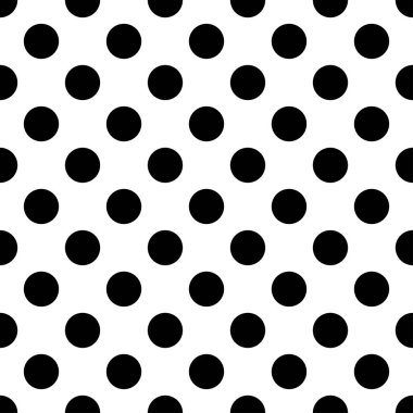 Polkadotlar, noktalı, kusursuz bir şekilde tekrarlanabilir, tekrarlanabilir desen. Benekli, noktalı Popart çizgi roman efekti. Benekler, benekler, serpiştirme temel, basit geometrik fayanslar siyah ve beyaz, tek renkli desen