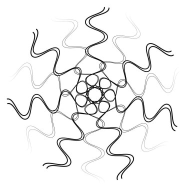 Radikal, soyut motivasyon yayıyor, ikon, mandala elementi. Bozulmuş, deforme olmuş, dairesel çizgiler çizilmiş. Merkezde çapraz çizgiler birleştiriliyor, kesişiyor