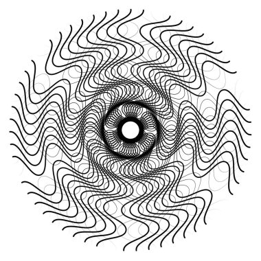 Radikal, soyut motivasyon yayıyor, ikon, mandala elementi. Bozulmuş, deforme olmuş, dairesel çizgiler çizilmiş. Merkezde çapraz çizgiler birleştiriliyor, kesişiyor