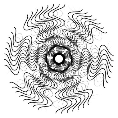 Radikal, soyut motivasyon yayıyor, ikon, mandala elementi. Bozulmuş, deforme olmuş, dairesel çizgiler çizilmiş. Merkezde çapraz çizgiler birleştiriliyor, kesişiyor