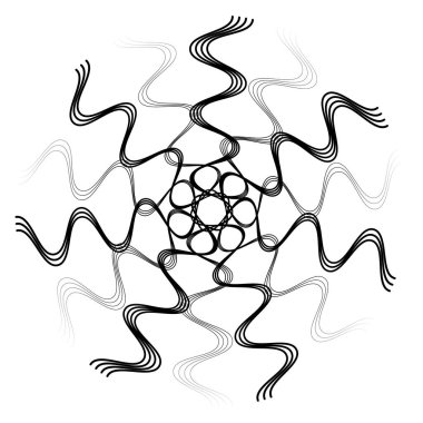 Radikal, soyut motivasyon yayıyor, ikon, mandala elementi. Bozulmuş, deforme olmuş, dairesel çizgiler çizilmiş. Merkezde çapraz çizgiler birleştiriliyor, kesişiyor