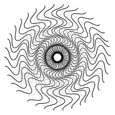 Radikal, soyut motivasyon yayıyor, ikon, mandala elementi. Bozulmuş, deforme olmuş, dairesel çizgiler çizilmiş. Merkezde çapraz çizgiler birleştiriliyor, kesişiyor