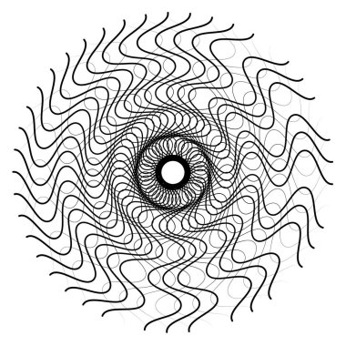 Radikal, soyut motivasyon yayıyor, ikon, mandala elementi. Bozulmuş, deforme olmuş, dairesel çizgiler çizilmiş. Merkezde çapraz çizgiler birleştiriliyor, kesişiyor