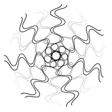 Radikal, soyut motivasyon yayıyor, ikon, mandala elementi. Bozulmuş, deforme olmuş, dairesel çizgiler çizilmiş. Merkezde çapraz çizgiler birleştiriliyor, kesişiyor