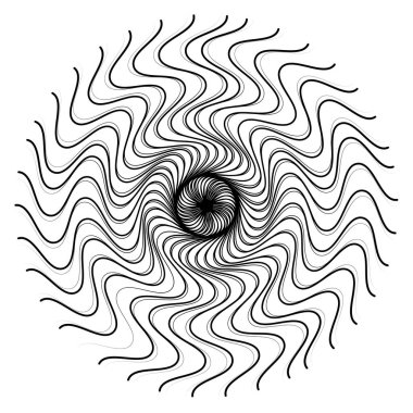 Radikal, soyut motivasyon yayıyor, ikon, mandala elementi. Bozulmuş, deforme olmuş, dairesel çizgiler çizilmiş. Merkezde çapraz çizgiler birleştiriliyor, kesişiyor