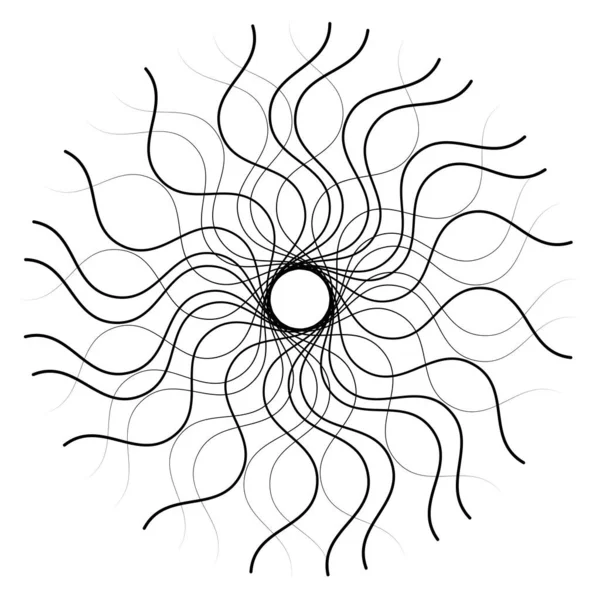 放射線 抽象的なモチーフ アイコン マンダラ要素を放射する 歪んで変形した波状のジグザグの円形の線のイラスト 中央の交差する交差する線を合併する — ストックベクタ