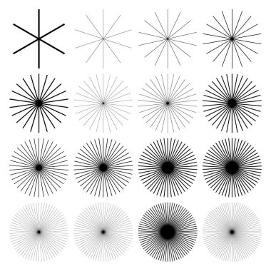 Radyal çizgiler, çizgiler. Işıldayan şeritler, şeritler. Işınlar, ışınlar, yıldız patlaması, güneş patlaması elementi. Stock vektör illüstrasyonu, Clip sanat grafikleri